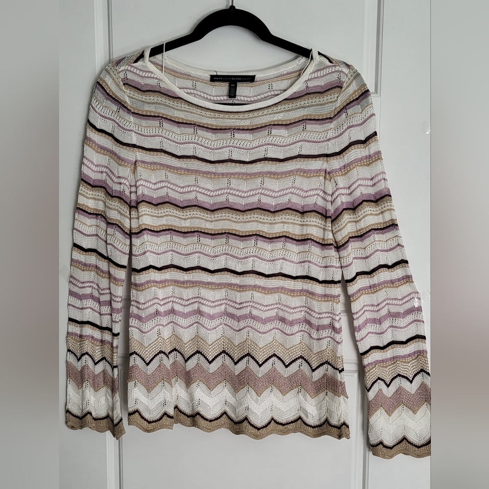 White House Black Market Striped Knit Top in Cream and Tan